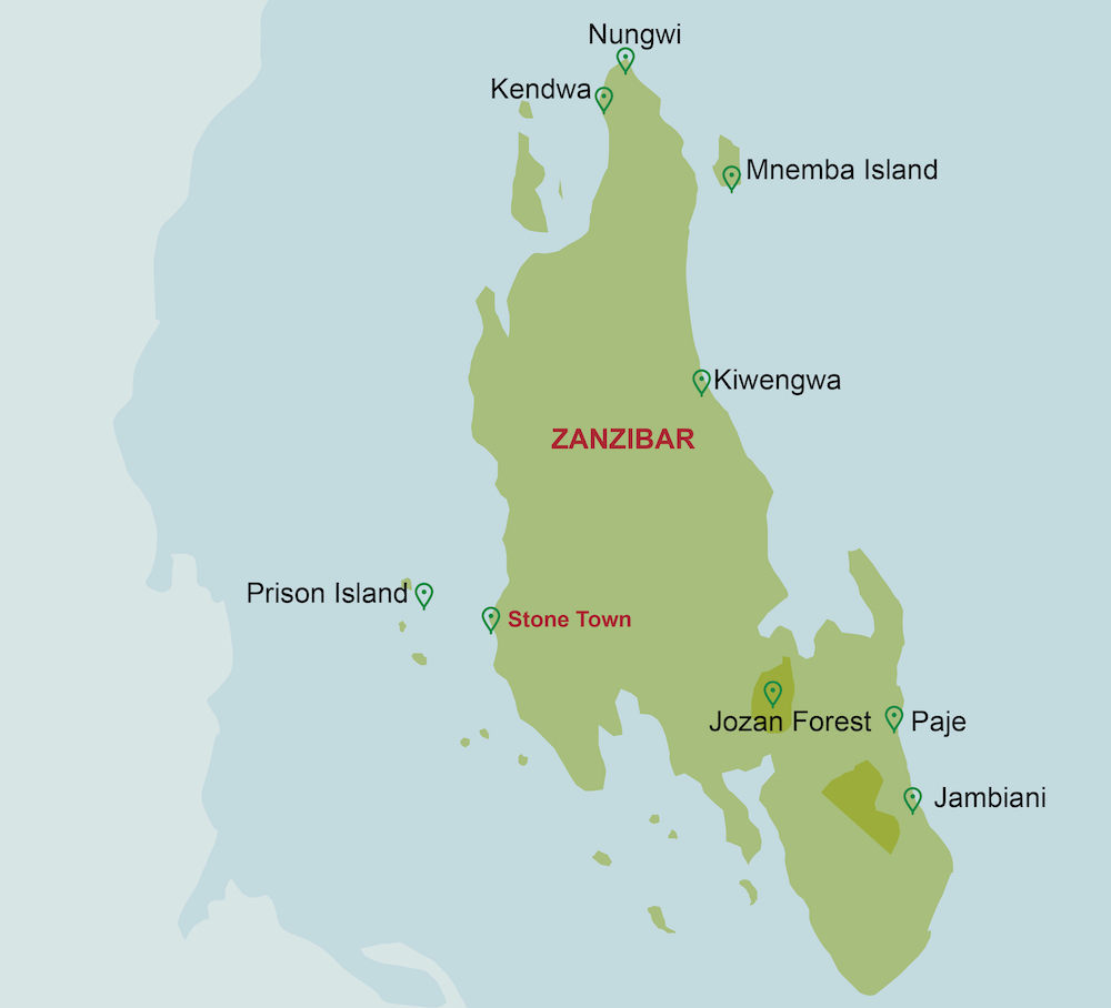 Map of Zanzibar showing Nungwi, Paje, Matemwe and other main beach areas