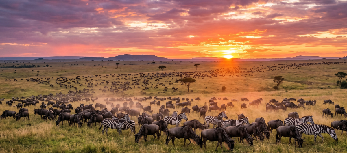 A panoramic, wide angle sunrise over the sweeping plains of the Serengeti A panoramic, wide angle sunrise over the sweeping plains of the Serengeti