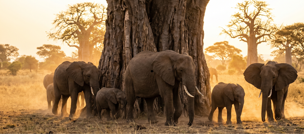 A striking, eye level photograph of a family of large African elephants gathered around an ancient, massive baobab tree in Tarangire National Park. A striking, eye level photograph of a family of large African elephants gathered around an ancient, massive baobab tree in Tarangire National Park.